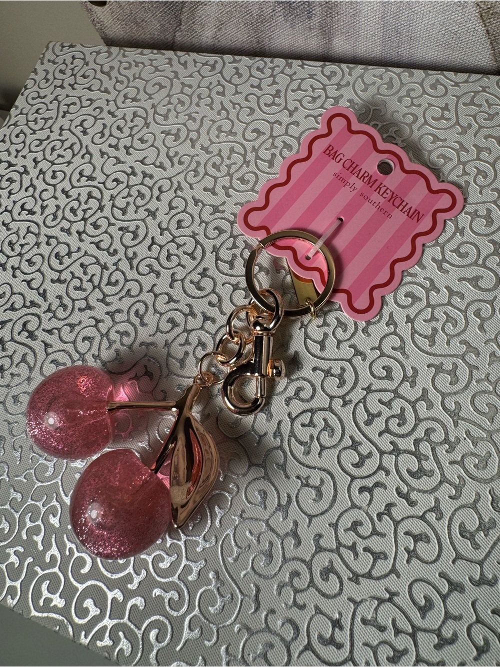 Simply Southern Pink Glitter Cherry Bag Chain Keychain with Gold Hardware NWT